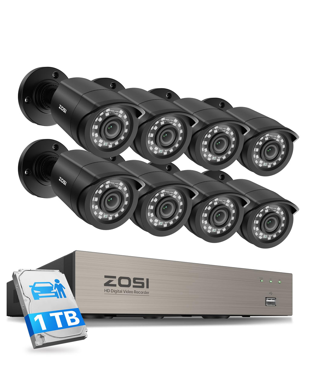 ZOSI 3K Lite 8CH Security Camera System Outdoor with 1TB Hard Drive,AI Human/Vehicle Detection,Night Vision,H.265+ 8 Channel 5MP Lite Video DVR Recorder,8X 1080P HD 1920TVL Weatherproof CCTV Cameras