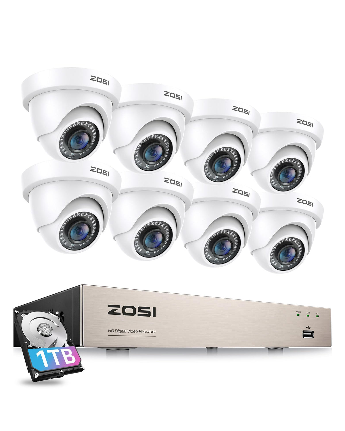 ZOSI 3K Lite 8CH H.265+ Home Security Camera System with AI Human/Vehicle Detection,Night Vision,5MP Lite 8 Channel CCTV DVR,4pcs 1080P 1920TVL 2MP Outdoor Indoor Surveillance Dome Cameras (No HDD)