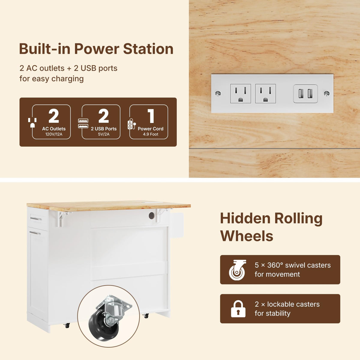 Dripex 41.5'' Kitchen Island with Power Outlet, Trash Cabinet & Storage