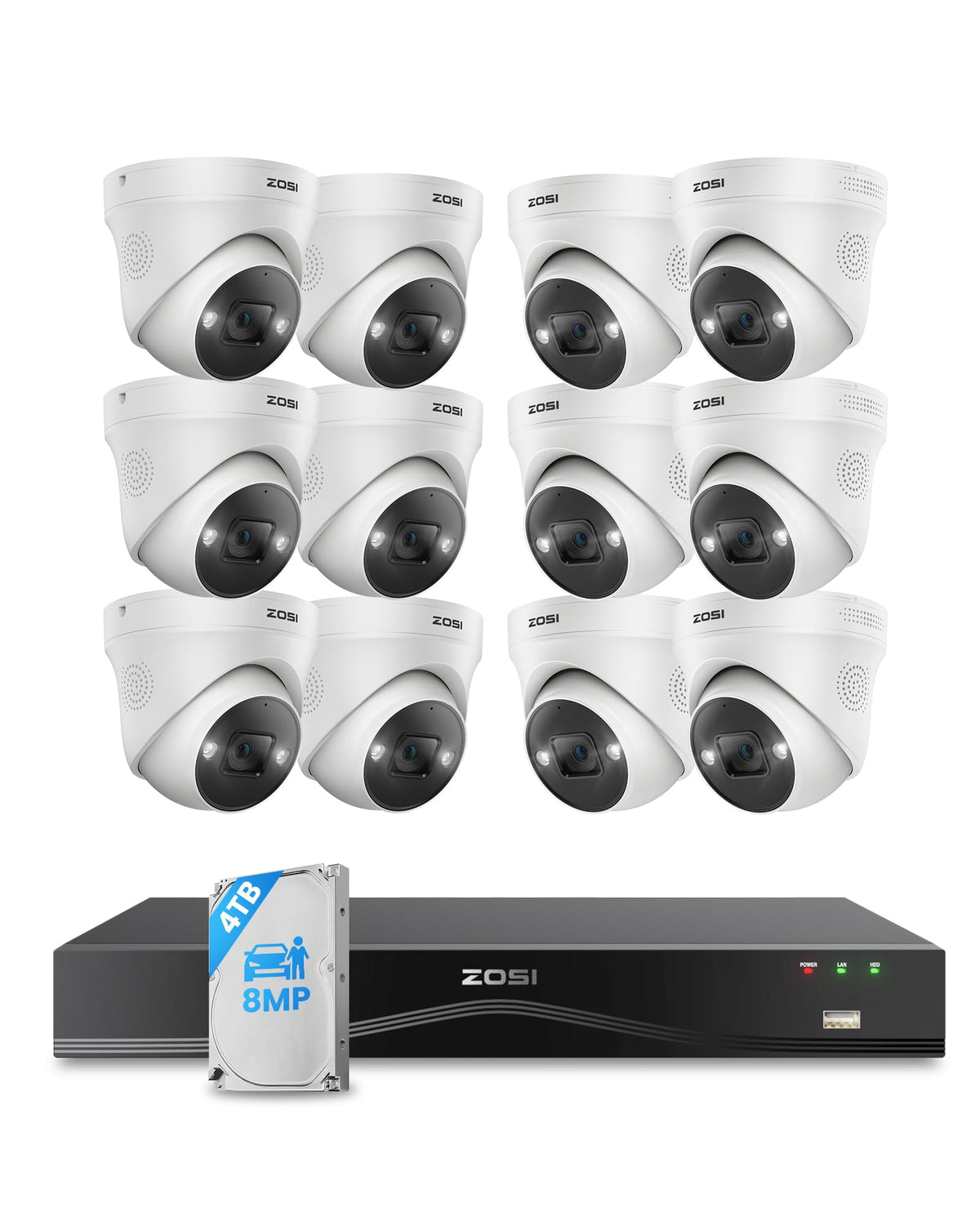 ZOSI 4K 16CH PoE Security Camera System, 12x 8MP Outdoor Cameras, 4TB HDD