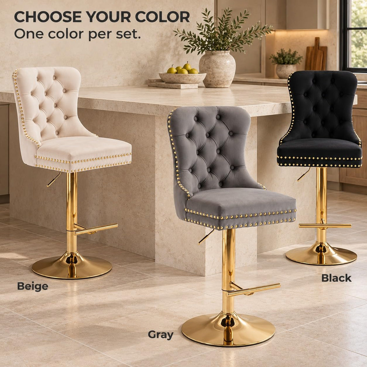 Velvet Swivel Bar Stools Set of 4, Height Adjustable, Black with Gold Base