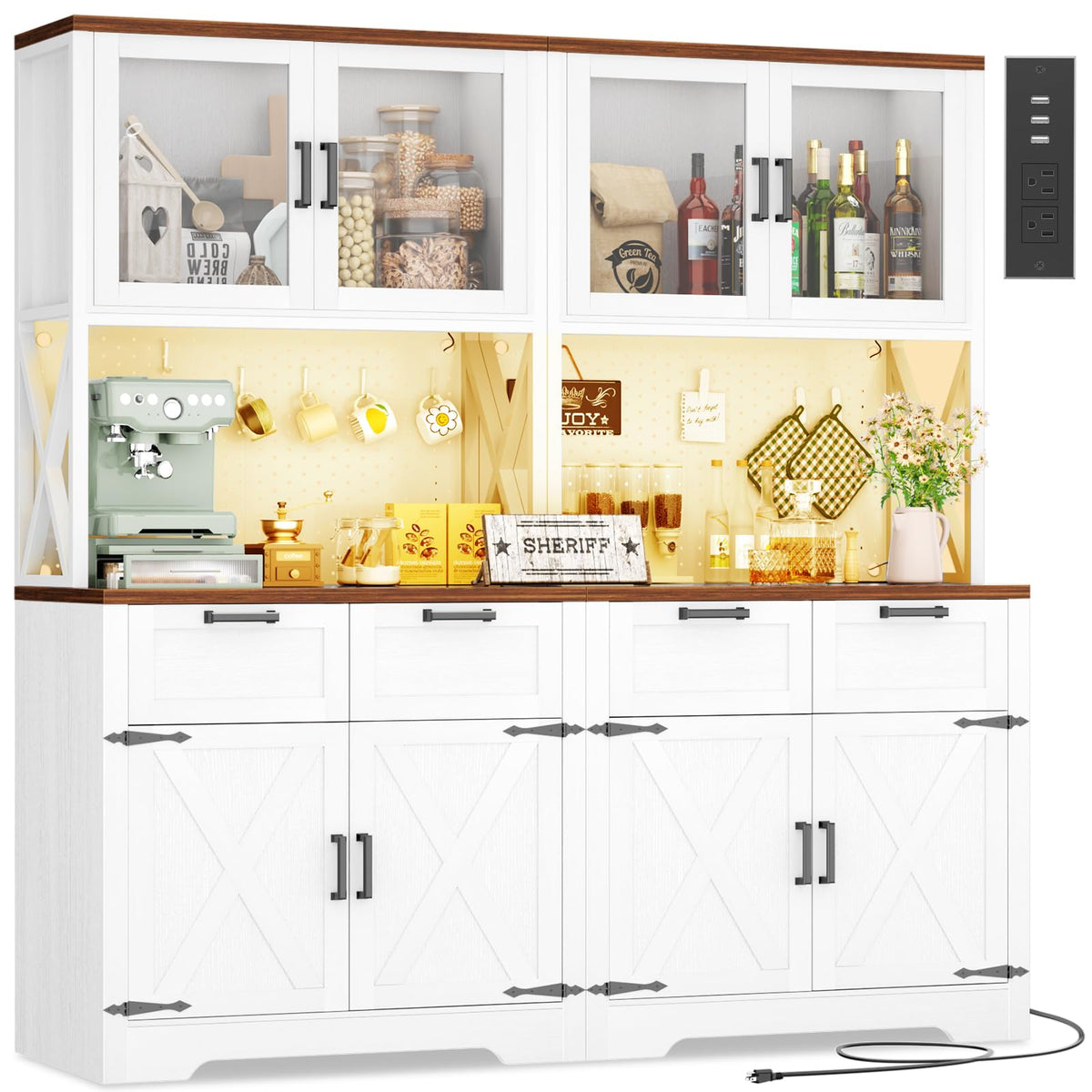Unikito 71" Kitchen Pantry Cabinet with LED Light & Outlet, Microwave Stand