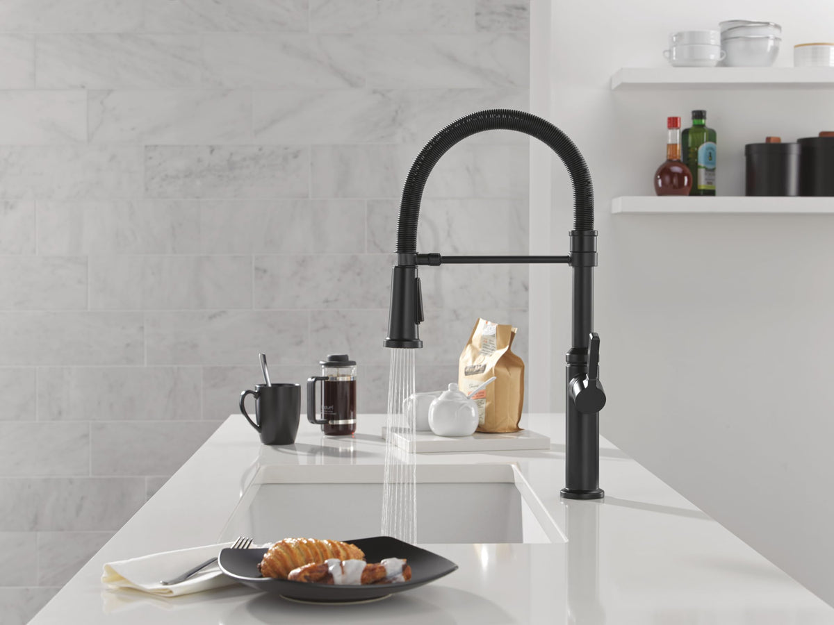 Delta Rhett Pro Style Commercial Kitchen Faucet with Pull Down Sprayer, Single Hole Matte Black Kitchen Sink Faucet, Single Handle, Matte Black 18829-DST