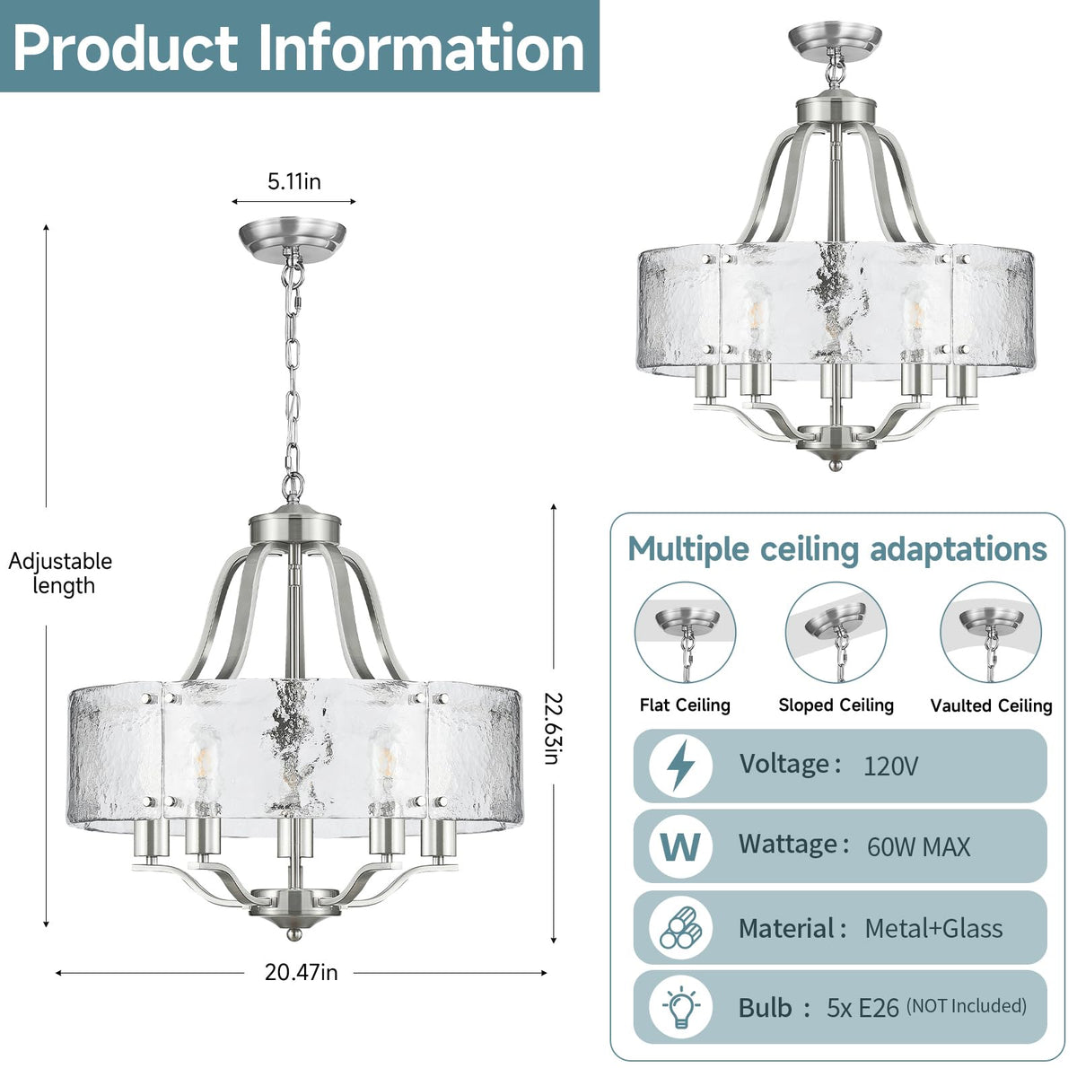 20.4'' Brushed Nickel Glass Chandeliers for Dining Room Light Fixture