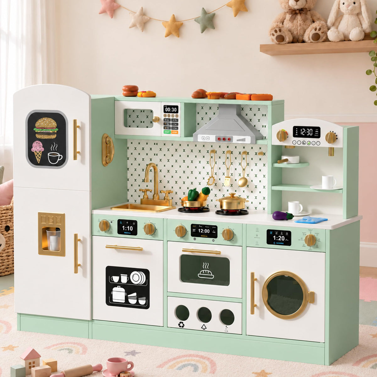 Wooden Play Kitchen for Kids, Pretend Kitchen Play Toy Kitchen Set(Ages 3+), Pink