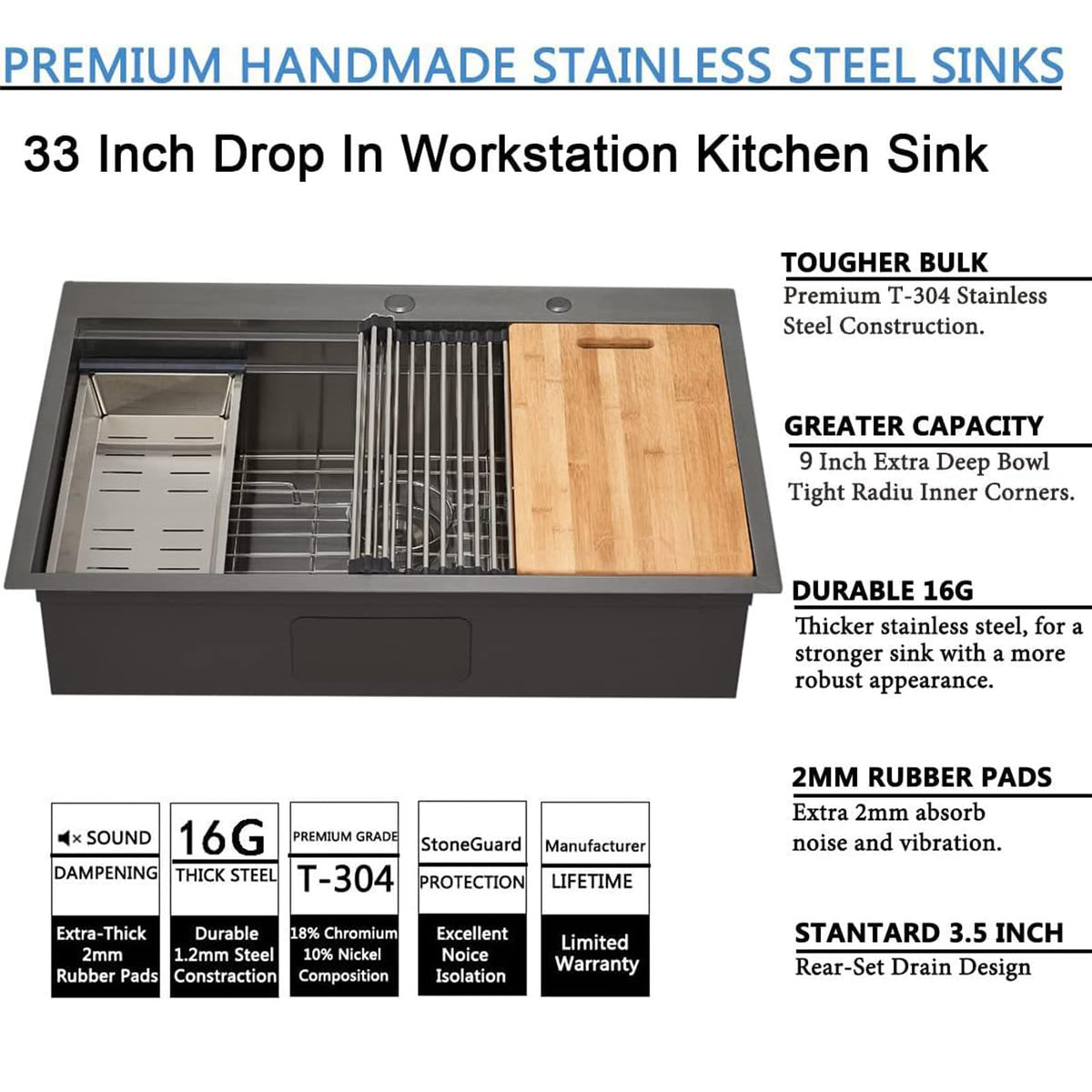 33x22 Black Drop In Kitchen Sink, 33 Inch All In One Topmount Gunmetal Black Stainless Steel Single Bowl Overmount Double Ledges Workstation Sink with Accessories