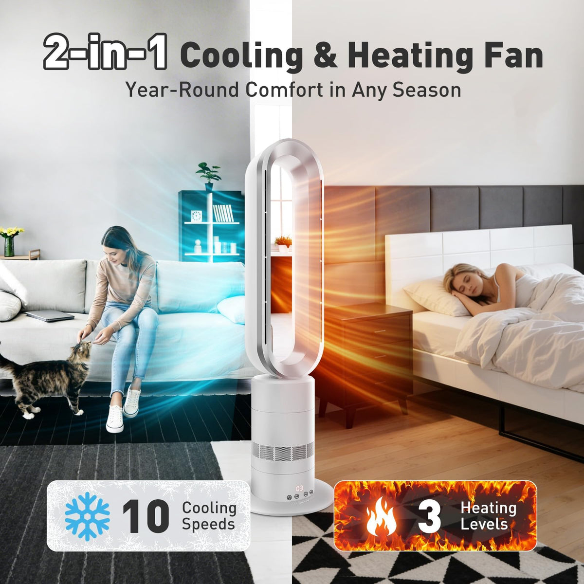 TP18Pro Bladeless Tower Fan, 2-in-1 Heater & Cooling Fan with Remote & Touch Control, 10 Cooling + 3 Heating Levels, Ultra-Quiet DC Motor for Bedroom & Home Office