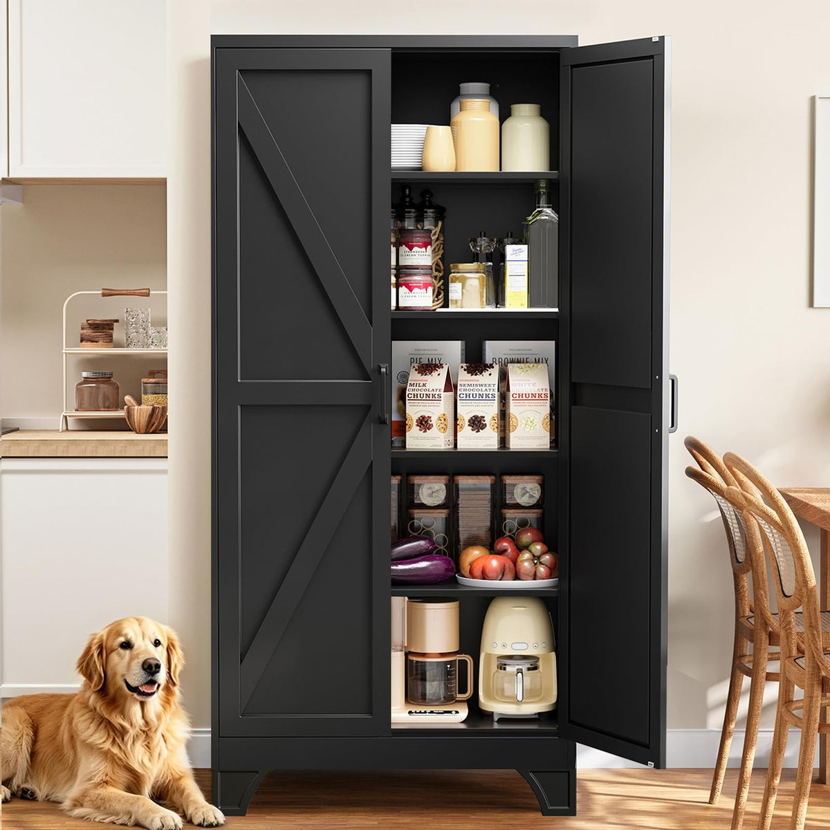 Metal Pantry Storage Cabinets with Doors and Shelves,75" Tall White