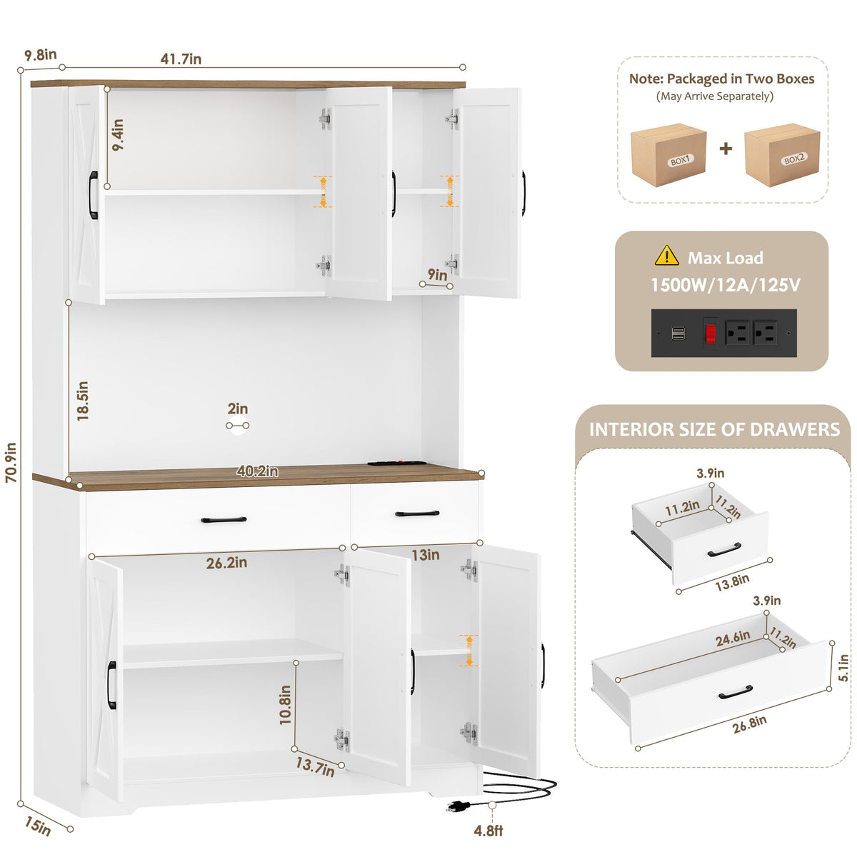 HOSTACK 71"H Kitchen Pantry Storage Cabinet, Farmhouse Hutch Cabinet, White
