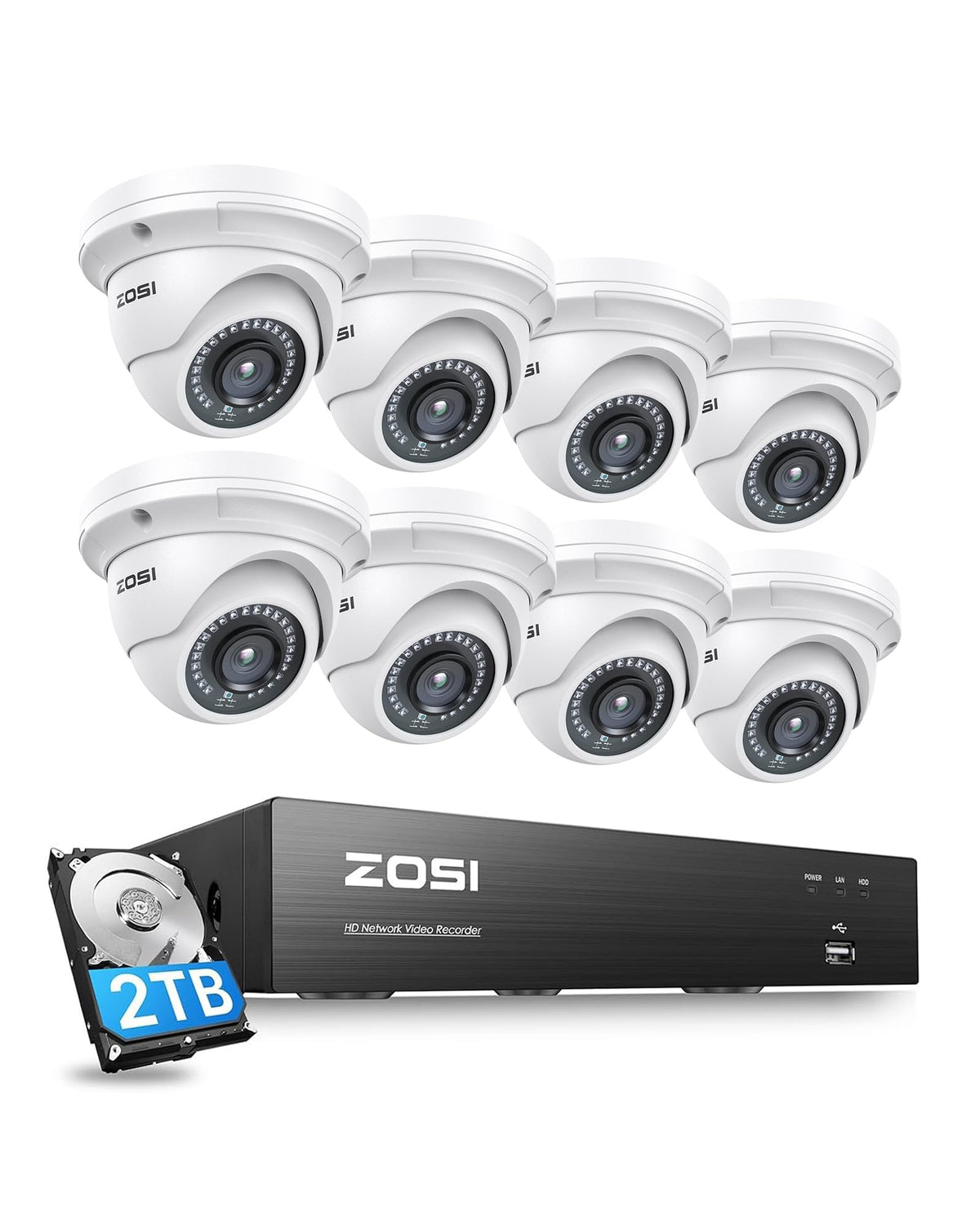 ZOSI 8CH 4K PoE Security Camera System with 2TB HDD, 4X 5MP Dome Cameras