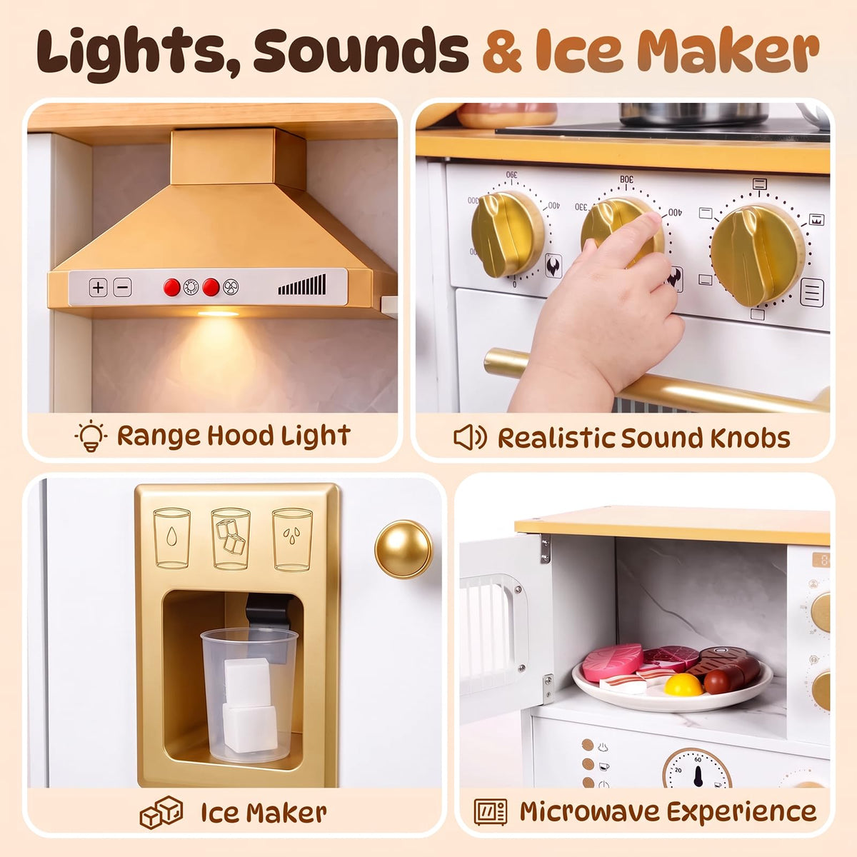 Wooden Play Kitchen for Kids with Real Running Water Sink, Light & Sounds, Ice Maker, Cuttable Play Food, Microwave, Oven & Coffee Maker, Pretend Kitchen Toy Set for Girls Boys Ages 3+, White