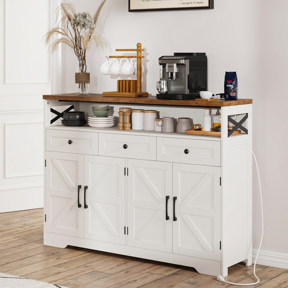 51" Farmhouse Buffet Sideboard Cabinet with Storage, White Kitchen Storage