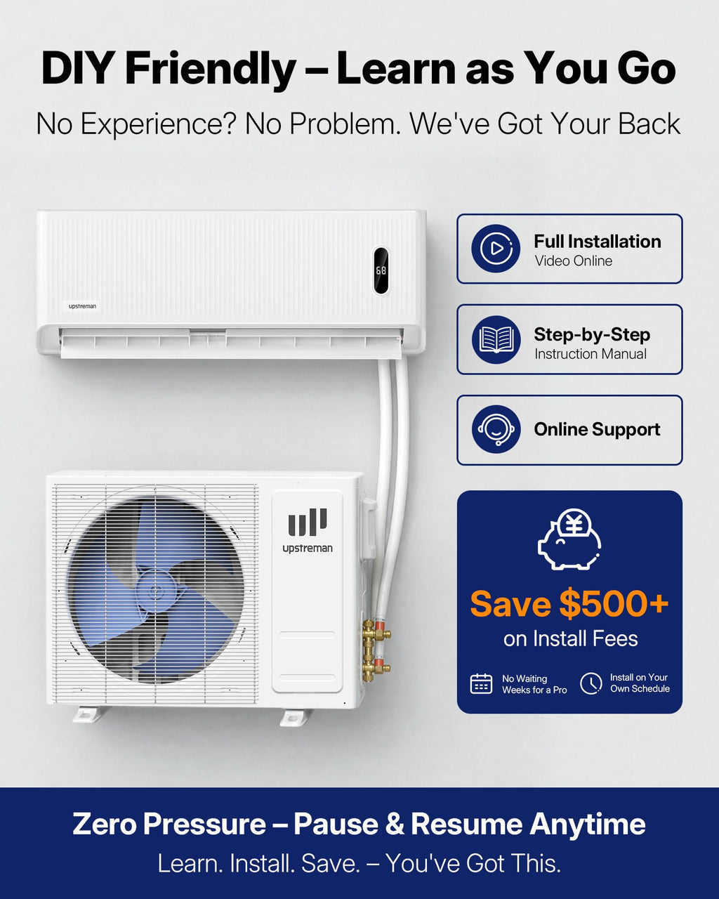Upstreman 12,000 BTU DIY Mini Split AC & Heat Pump 230V, No Vacuum Required