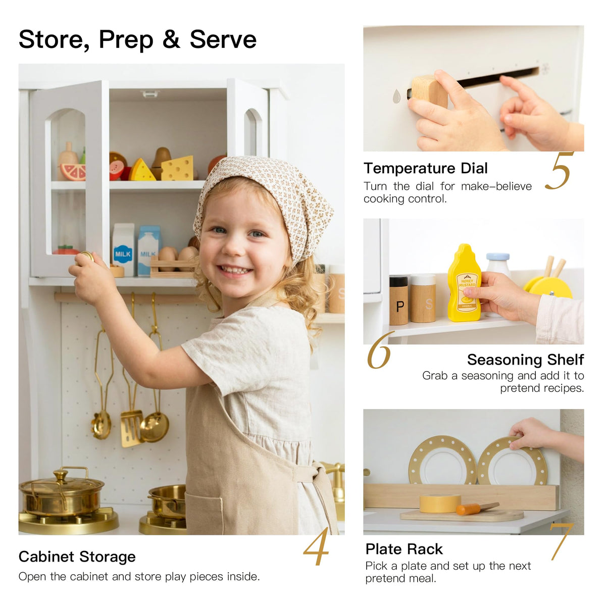 White and Gold Wooden Play Kitchen with Plate Rack, Clock and Large Storage