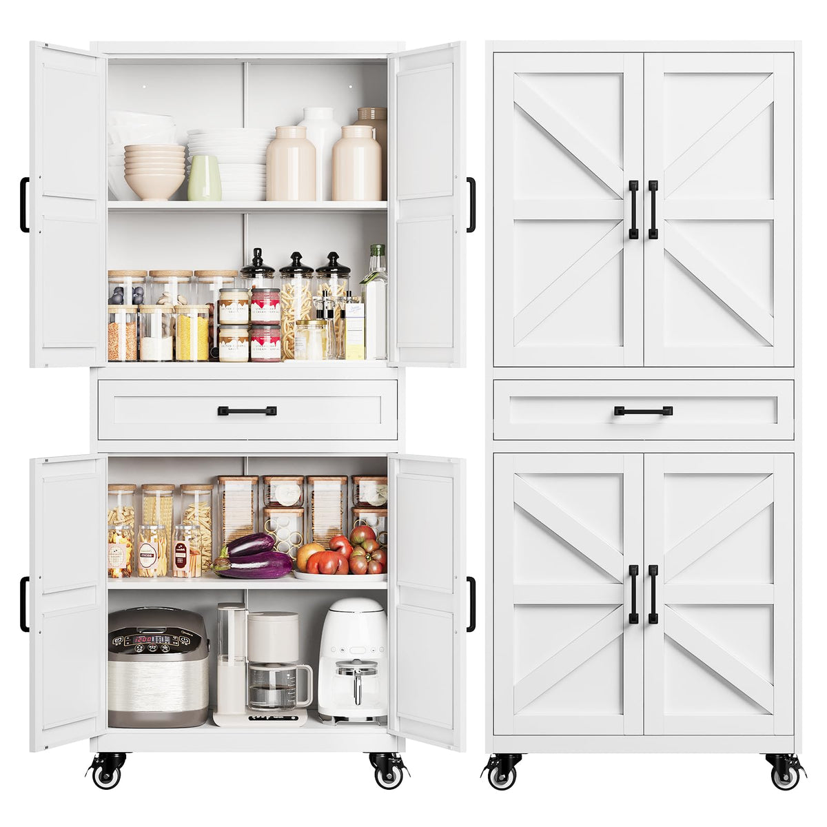 Metal Pantry Storage Cabinets with Doors and Shelves,75" Tall White