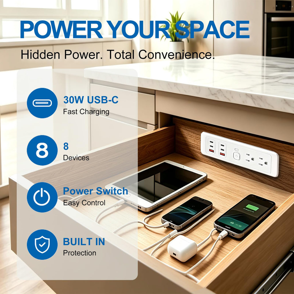 in-Drawer Outlet Kit with Retractable Arm, Integrated Safety Shutoff, PD30W