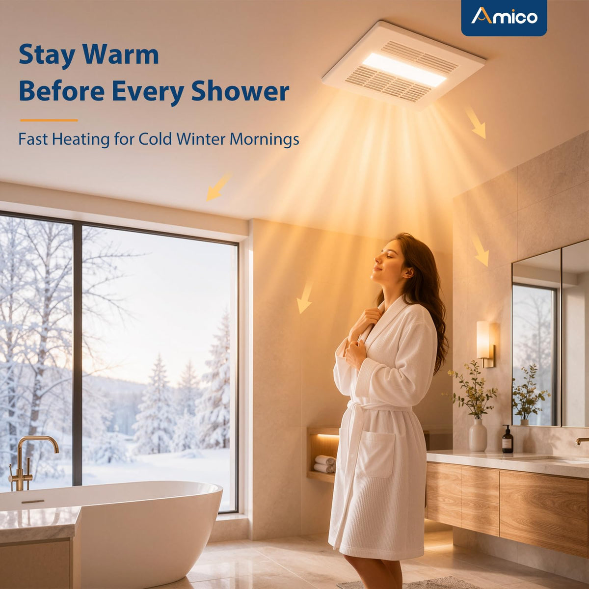 Amico Bathroom Exhaust Fan with Light and Heater, 80-90-110 CFM, 3CCT, ETL