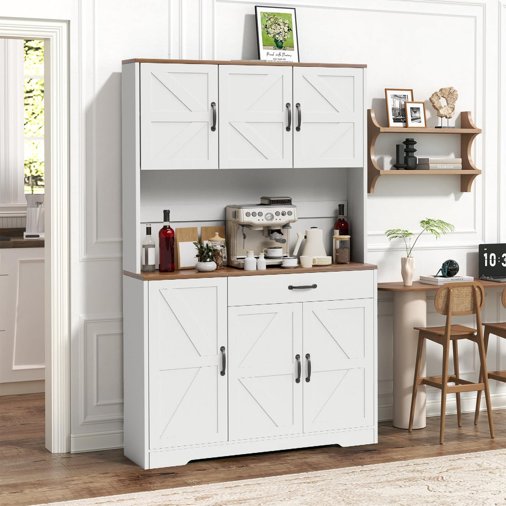 71" Pantry Cabinet with Charging Station, Large Capacity Kitchen Hutch Storage Cabinet, Kitchen Cabinet with Microwave Stand, Storage Drawers & Adjustable Shelves for Dining Room, White