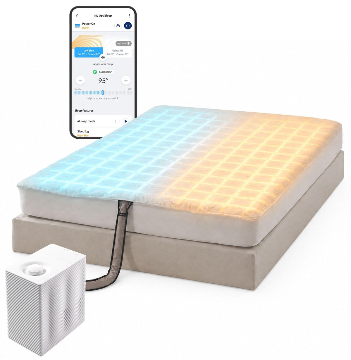All Season Cooling & Heating Mattress Pad Queen, Water-Circulating Mattress Topper, Dual-Zone Temperature Control, AI Sleep Sensing, App Control, UV Hygiene Cycle, No Subscription