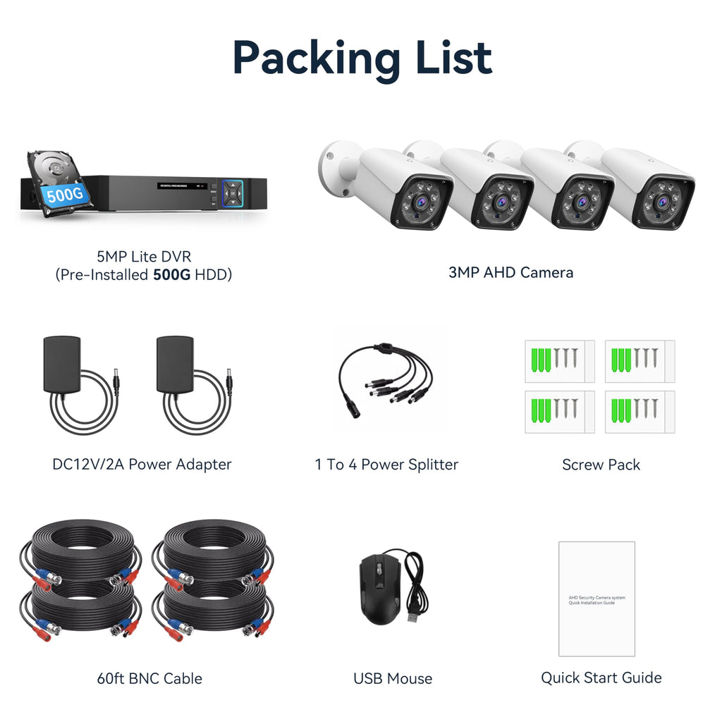 Wired Security Camera System Outdoor, 4X 3MP CCTV Camera, 500G HDD