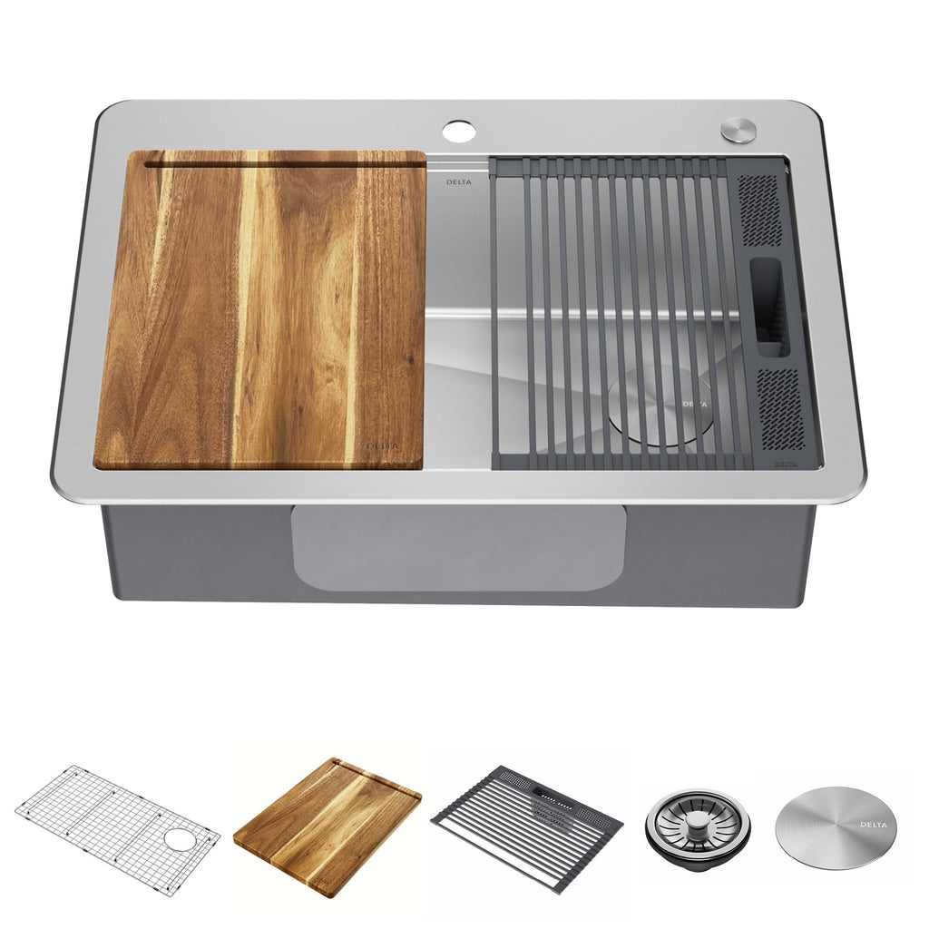 DELTA FAUCET 95A932-33S-SS Lorelai Workstation Kitchen Sink Drop-in Top Mount Stainless Steel Single Bowl with WorkFlow Ledge and Chef’s Kit of 5 Accessories