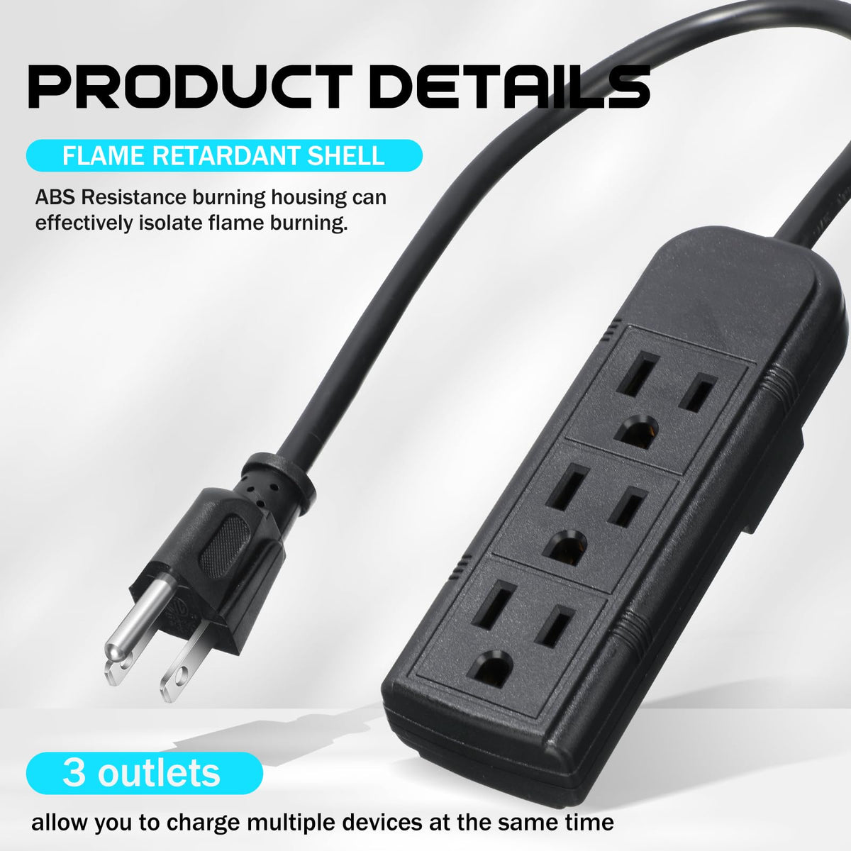 Copkim 36 Pack 3 Outlet Power Strip Flat Plug Extension Cord, 1 ft, Black