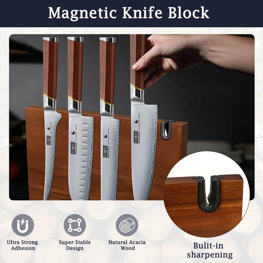 HOSHANHO 7 PCS Kitchen Knife Set, Sharp Japanese Magnetic Knife Block Set