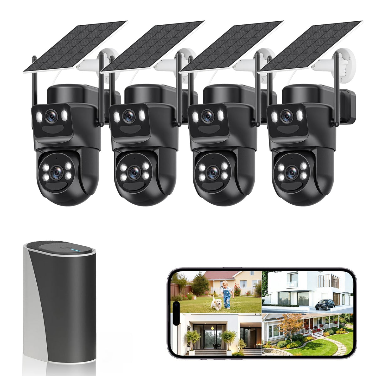4K Solar Security Cameras Wireless Outdoor with Dual Lens, 4 Cam Kit, No Subscription Fee, Home Security System with Color Night Vision, Auto Tracking, Motion Detection
