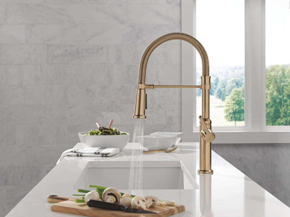 Delta Faucet Rhett Pro Commercial Style Kitchen Faucet with Pull Down Sprayer, Gold Commercial Kitchen Faucet, Spring Kitchen Faucet, Delta Kitchen Sink Faucet, Champagne Bronze 18829-CZ-DST