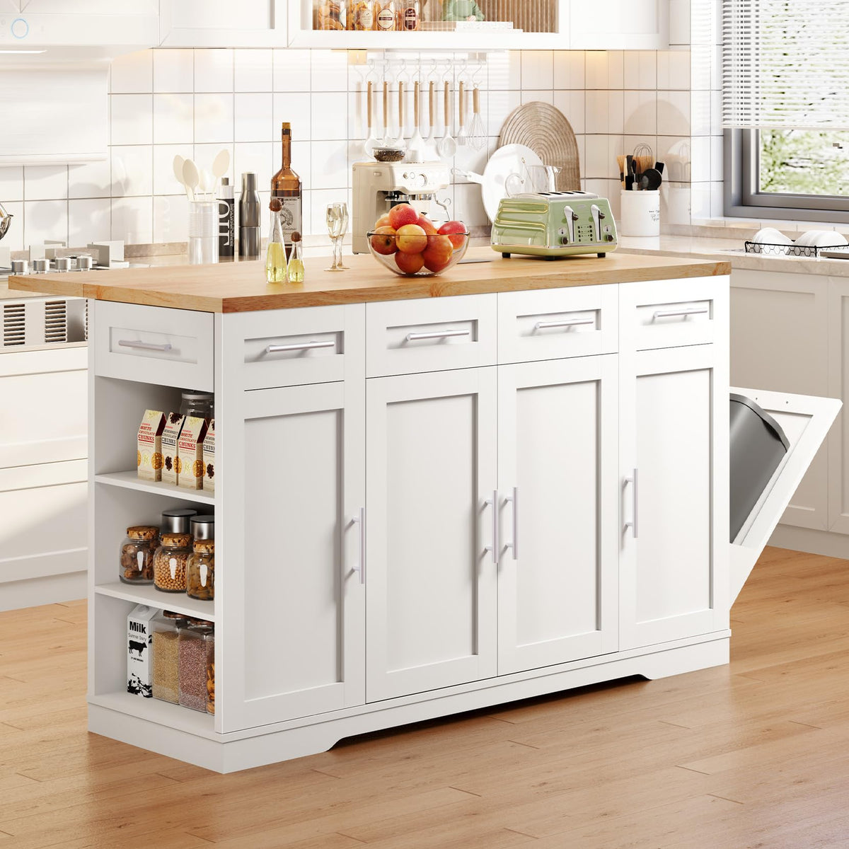 Dripex 53'' Rolling Kitchen Island with Power Outlet, Drop Leaf & Trash Can