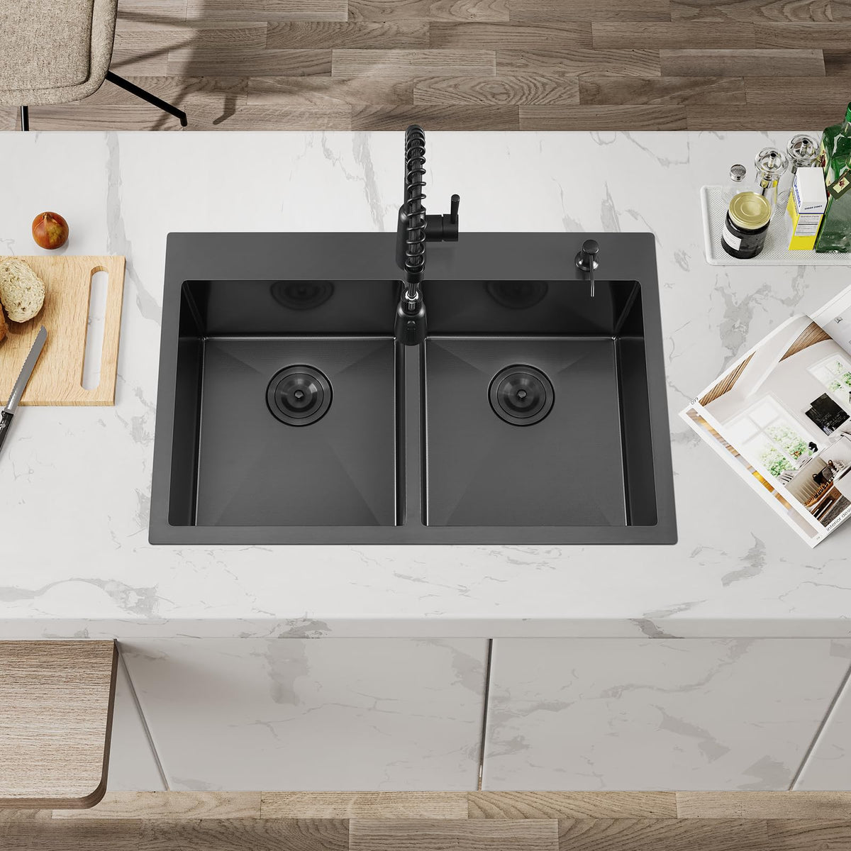 33 Inch Black Drop in Double Bowls Kitchen Sink