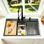 33x22 Black Drop In Kitchen Sink, 33 Inch All In One Topmount Gunmetal Black Stainless Steel Single Bowl Overmount Double Ledges Workstation Sink with Accessories