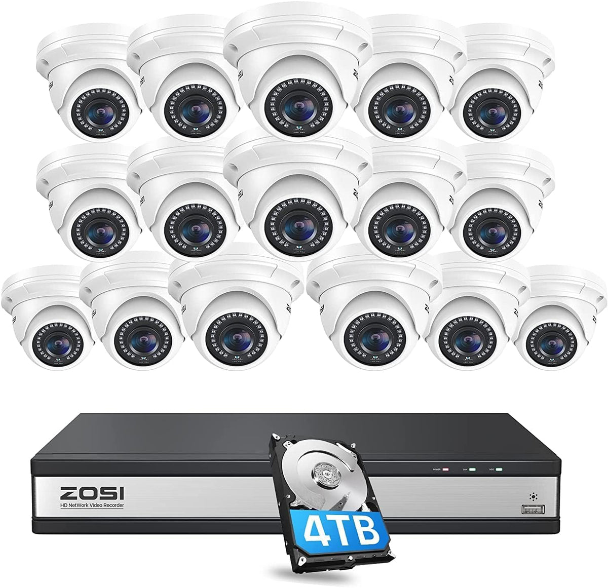 ZOSI 8CH 4K PoE Security Camera System with 2TB HDD, 4X 5MP Dome Cameras