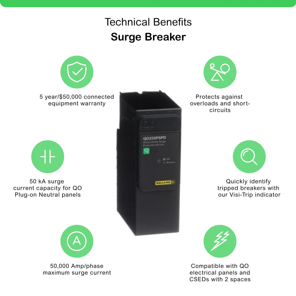 Square D - QO250PSPD QO Whole House Surge Protection Device, 50kA, 120/240V, 1-Phase, No Wiring, Plug-On Neutral