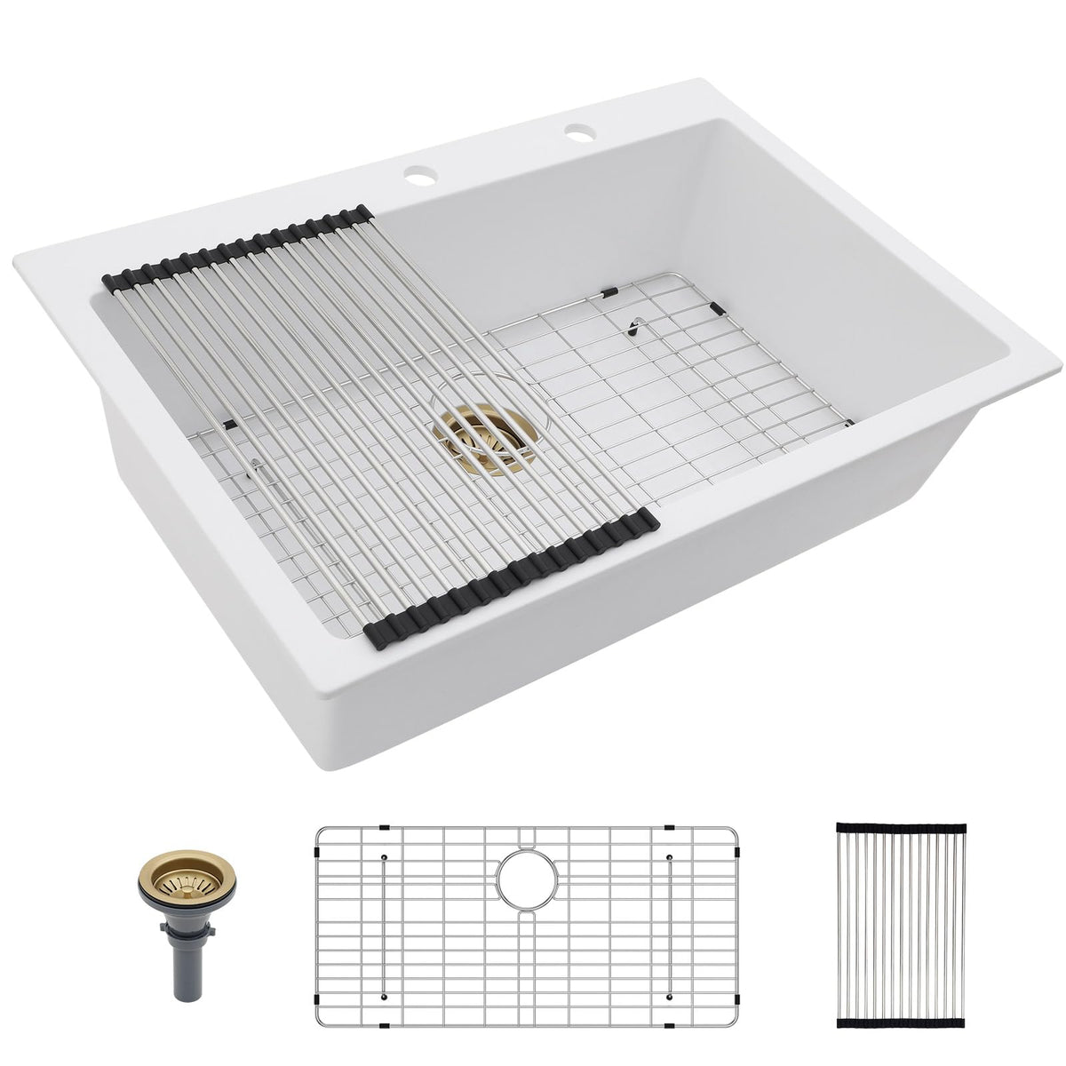 Lordear 18 Inch White Kitchen Sink Granite Composite Undermount Bar Workstation 18x18 White Quartz Sinks Under Counter Single Bowl with Classic Gold Accessories