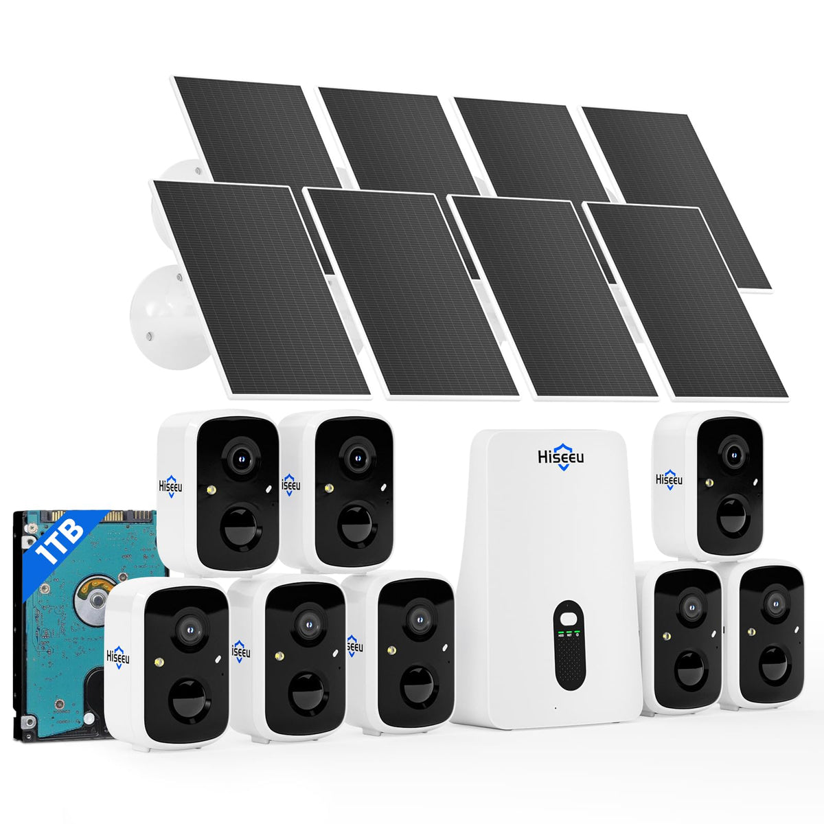Hiseeu Solar Security Cameras Wireless Outdoor System, 8 Cam-Kit, Expandable to 10CH, No Monthly Fee, Solar-Powered, Home Security Cameras System with 4MP Color Night Vision, 2.4G & 5G WiFi, 1TB HDD