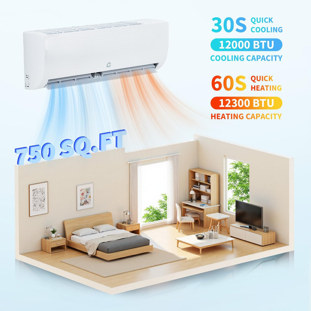 12000 BTU Split Air Conditioner & Heater, 19 SEER2 115V Inverter Ductless Wall AC Unit with Pre-Charged Condenser, Heat Pump & Installation Kit