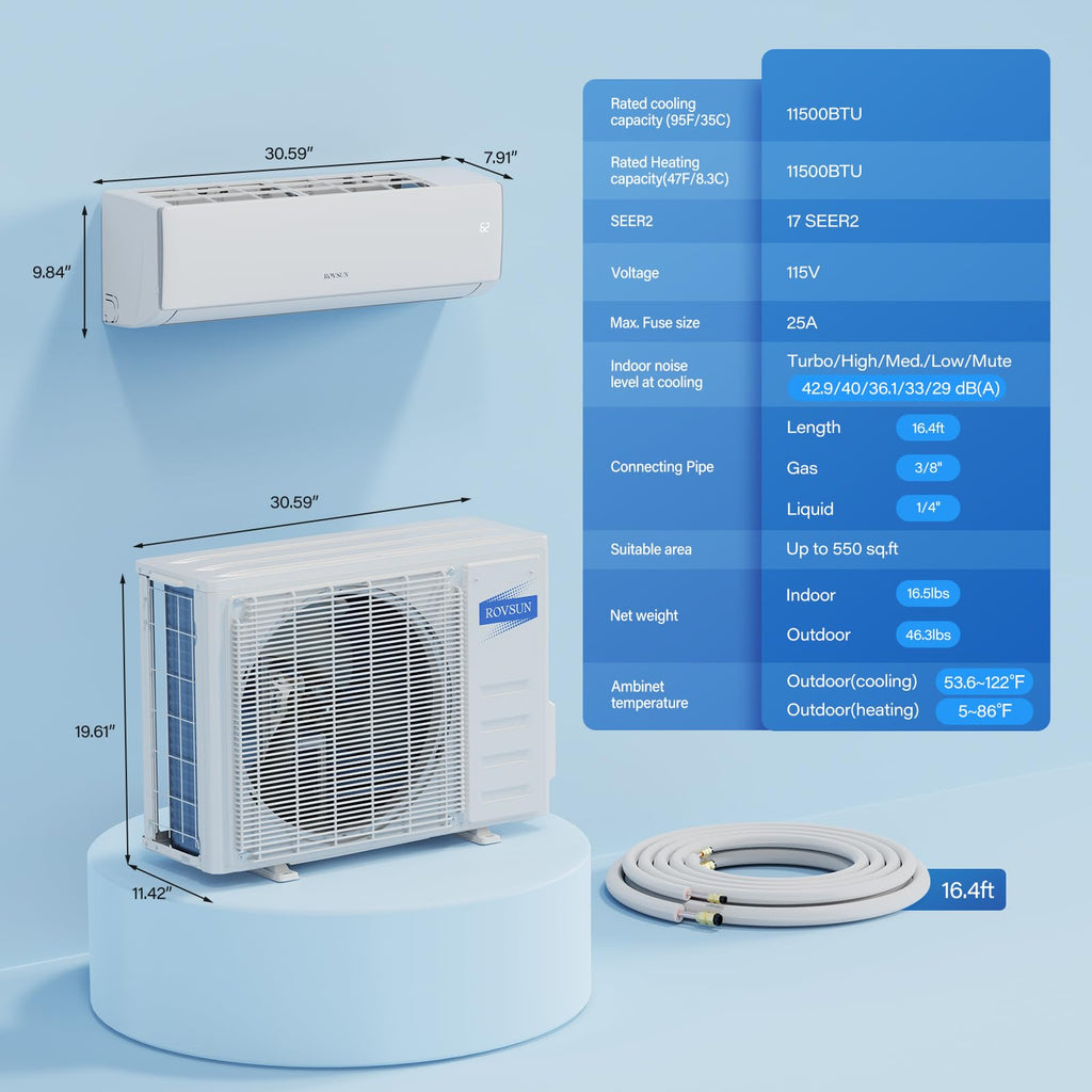 ROVSUN 11500 BTU Mini Split AC/Heating System, 17 SEER2 Inverter Heat Pump