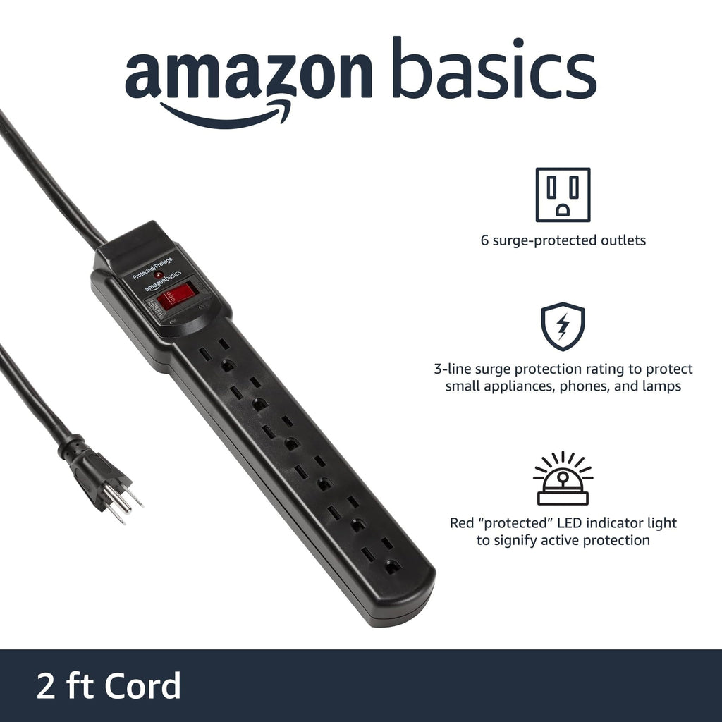 Amazon Basics 6-Outlet Surge Protector Power Strip with 200J Protection, Circuit Breaker, 2ft Extension Cord, Black, 20-Pack