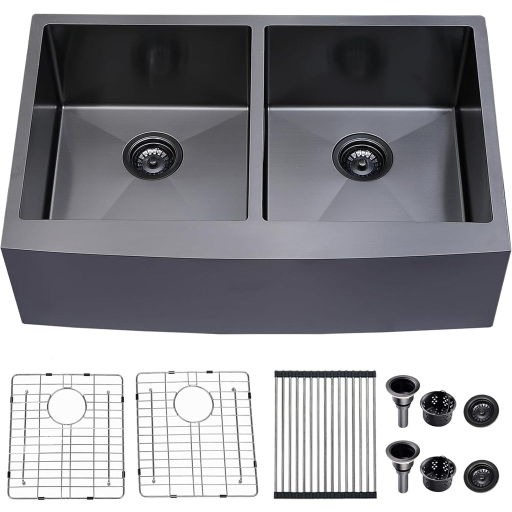 33x22 Black Drop In Kitchen Sink, 33 Inch All In One Topmount Gunmetal Black Stainless Steel Single Bowl Overmount Double Ledges Workstation Sink with Accessories