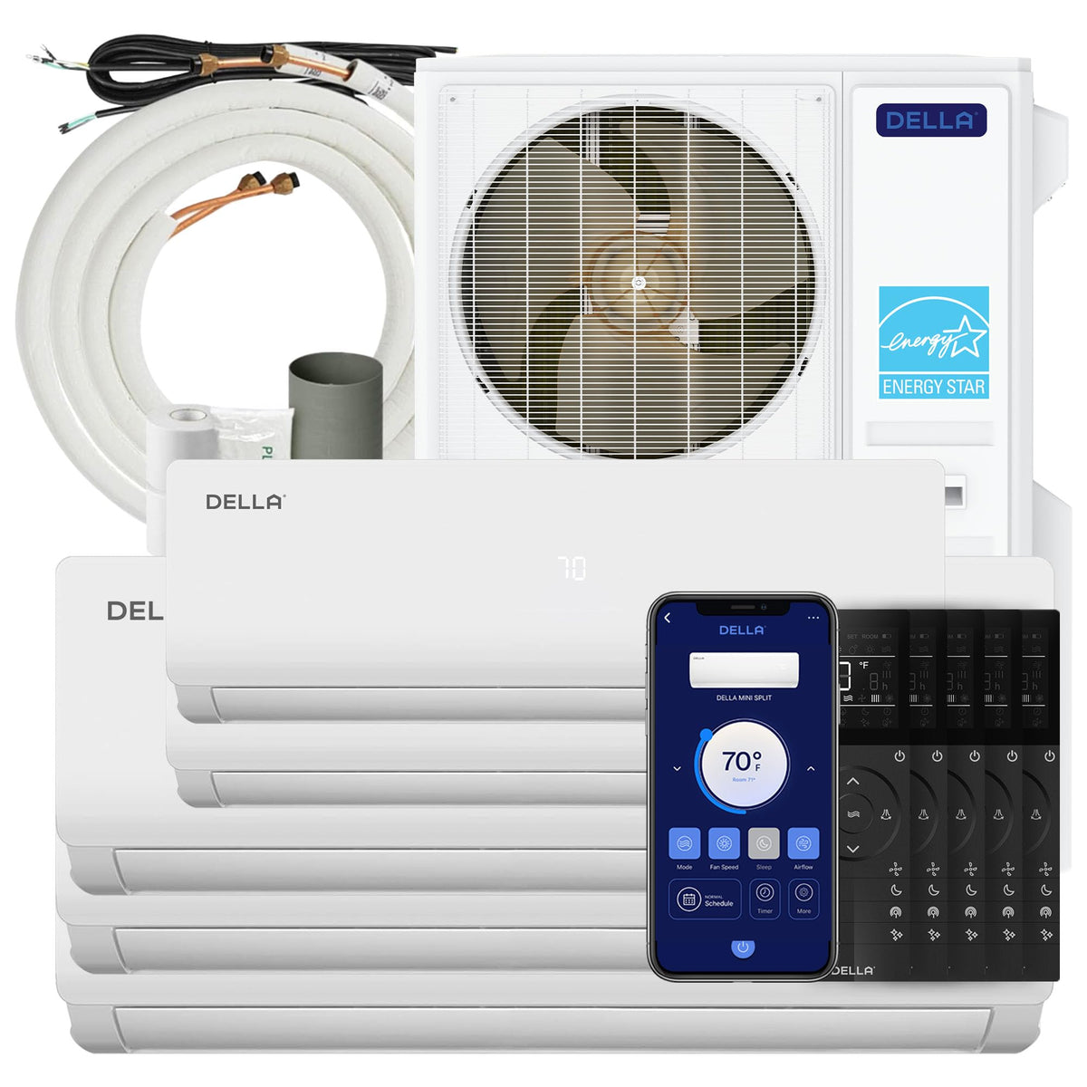 DELLA 55K BTU 5 Zone Mini Split AC (3x9K+2x18K), 22.5 SEER2, for 3200 Sq Ft