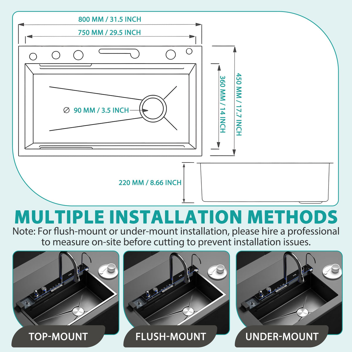 Smart Waterfall Kitchen Sink, 31.5"x17.7" Drop In Stainless Steel