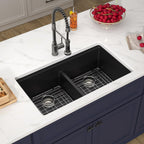 33 Inch Black Undermount Granite Composite Kitchen Sink- Under Counter Quartz Double Bowl Workstation Sinks with Accessories Quick Drain Noise Reduction Classic Style