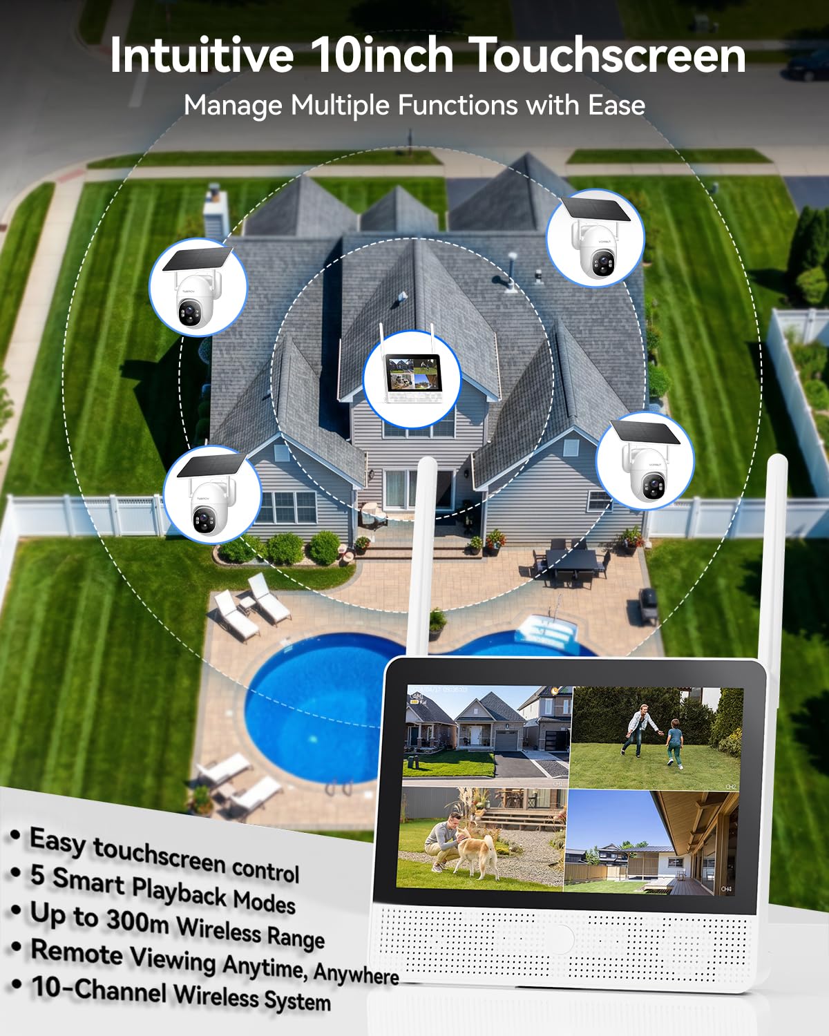 Solar Security Cameras Wireless System with 10" Touch Monitor, 4MP