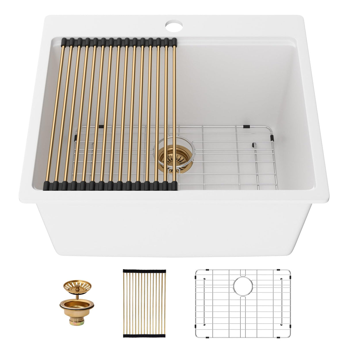 Lordear 18 Inch White Kitchen Sink Granite Composite Undermount Bar Workstation 18x18 White Quartz Sinks Under Counter Single Bowl with Classic Gold Accessories
