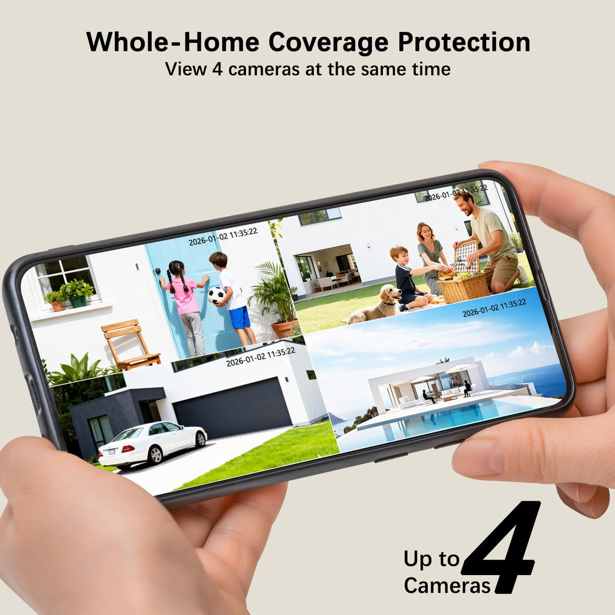 4K Solar Security Cameras Wireless Outdoor with Dual Lens, 4 Cam Kit, No Subscription Fee, Home Security System with Color Night Vision, Auto Tracking, Motion Detection