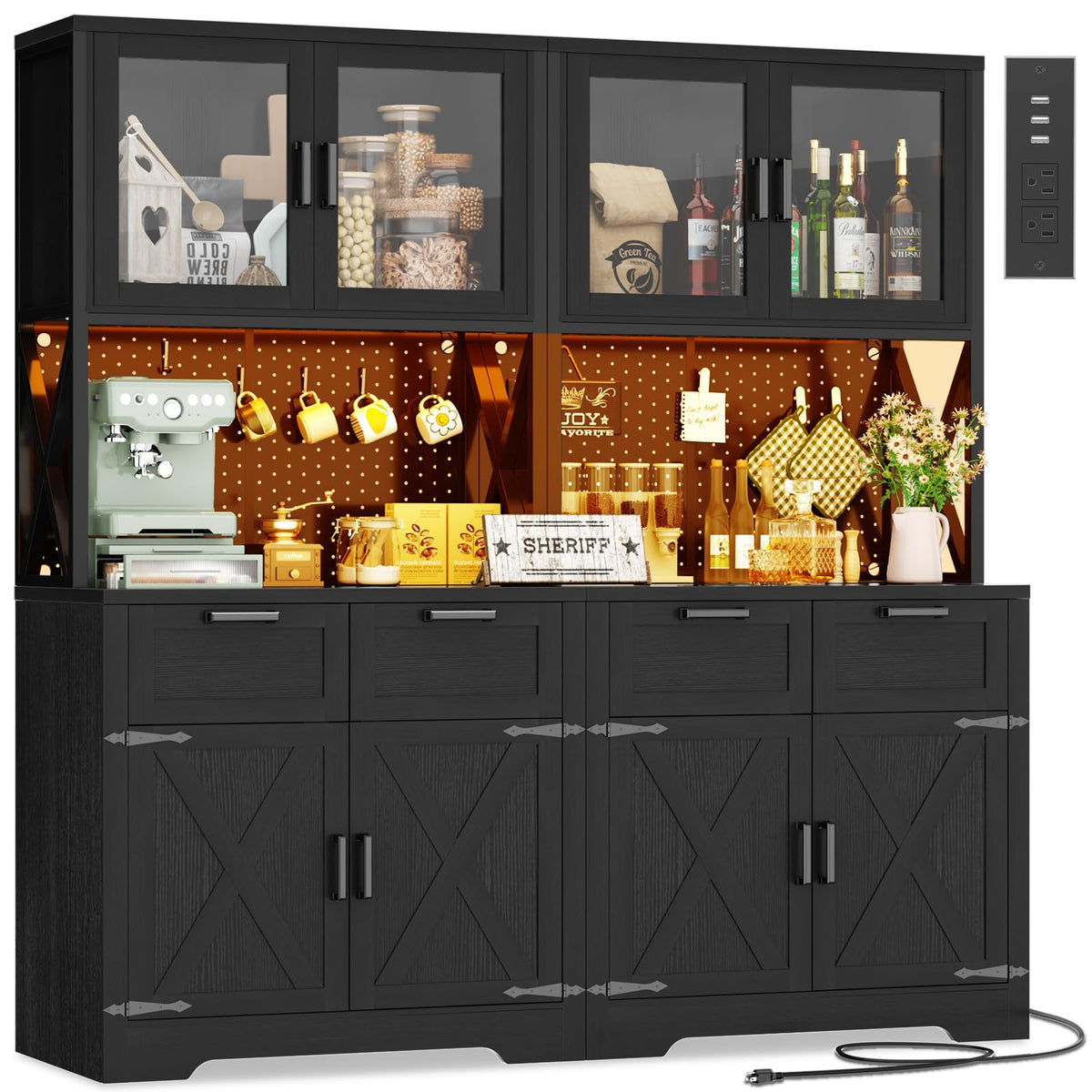 Unikito 71" Kitchen Pantry Cabinet with LED Light & Outlet, Microwave Stand