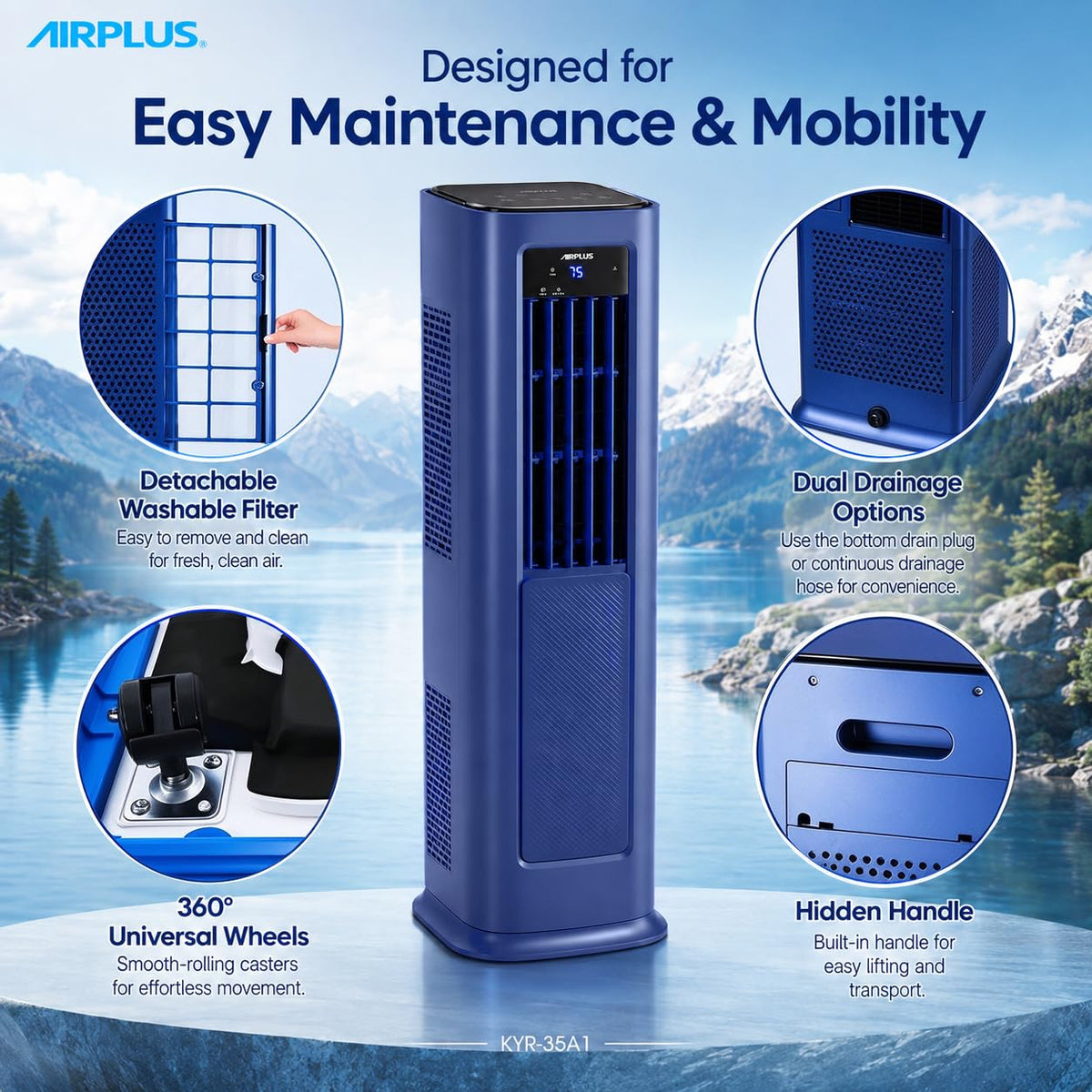 AIRPLUS Smart Portable Air Conditioner, 12,000 BTU Cooling/Heating Air Conditioner for Bedroom with Drainage-free Cooling, Dehumidifier, Fan, 24h Timer for 700 Sq Ft Rooms, Blue