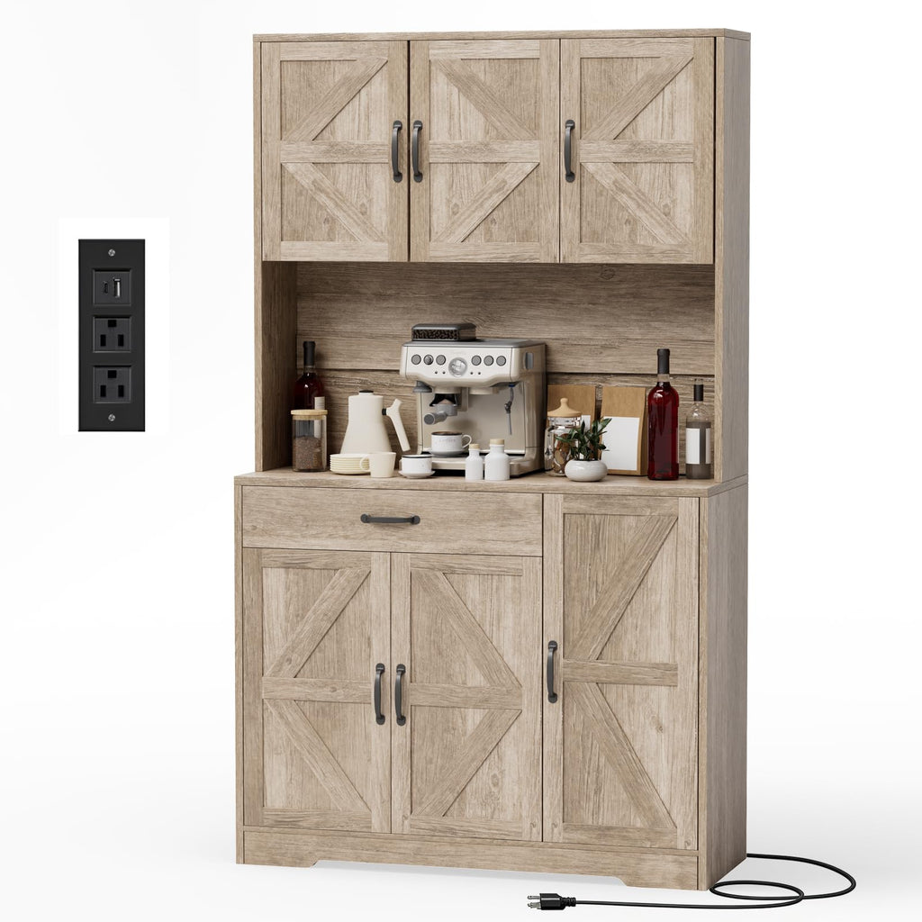 71" Pantry Cabinet with Charging Station, Large Capacity Kitchen Hutch Storage Cabinet, Kitchen Cabinet with Microwave Stand, Storage Drawers & Adjustable Shelves for Dining Room, White
