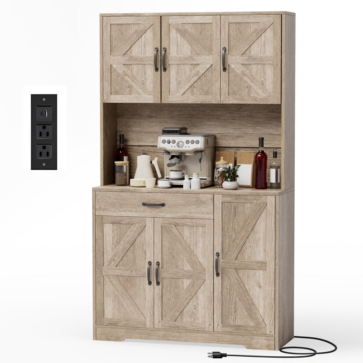 71" Pantry Cabinet with Charging Station, Large Capacity Kitchen Hutch Storage Cabinet, Kitchen Cabinet with Microwave Stand, Storage Drawers & Adjustable Shelves for Dining Room, White